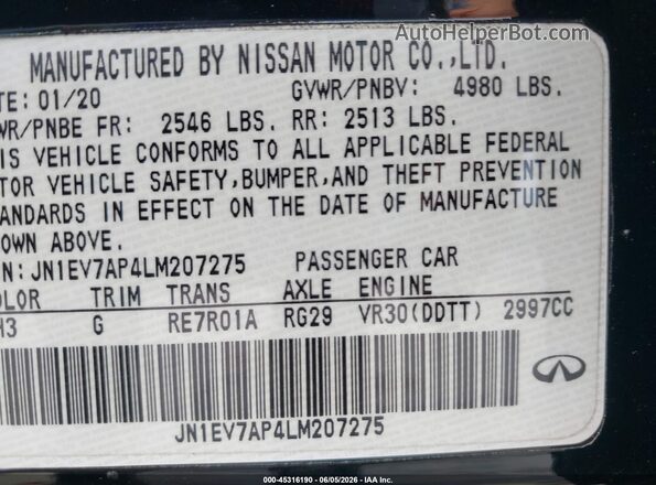 JN1EV7AP4LM207275 2020 INFINITI Q50 Black ძრავის განყოფილების ხედი