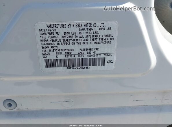 JN1EV7AP4LM208362 2020 INFINITI Q50 White Շարժիչի բաժամունքի տեսք
