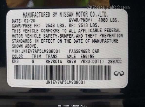 JN1EV7AP5LM208001 2020 INFINITI Q50 Black Engine compartment view