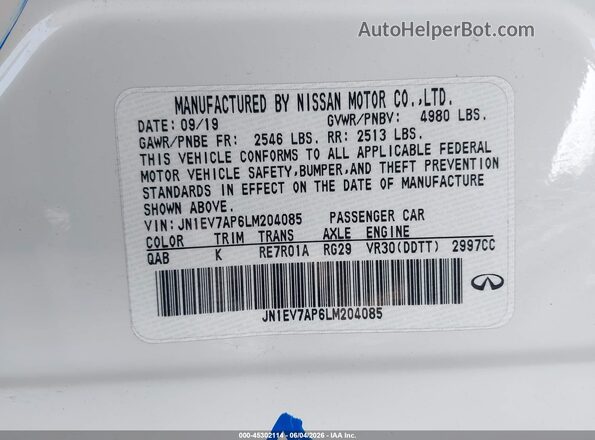 JN1EV7AP6LM204085 2020 INFINITI Q50 White 