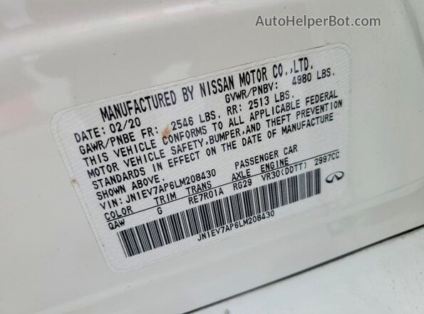 JN1EV7AP6LM208430 2020 INFINITI Q50 White Vista del compartimento del motor