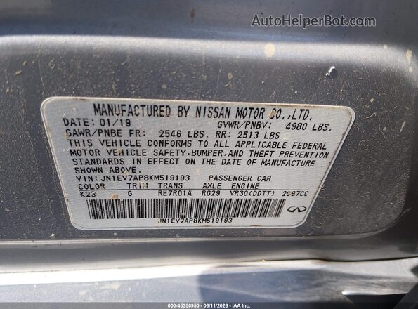 JN1EV7AP8KM519193 2019 INFINITI Q50 Silver Вид підкапотного простору