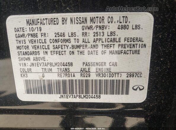 JN1EV7AP8LM204458 2020 INFINITI Q50 Black Вид підкапотного простору