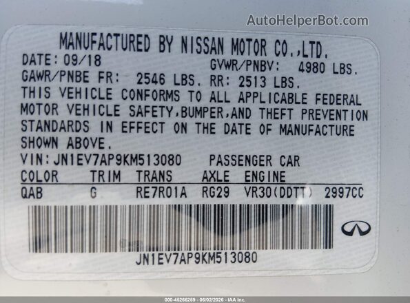 JN1EV7AP9KM513080 2019 INFINITI Q50 White Widok komory silnika