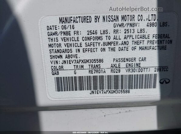 JN1EV7APXGM305586 2016 INFINITI Q50 White Widok komory silnika