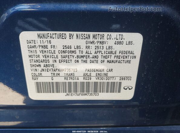 JN1EV7APXHM735703 2017 INFINITI Q50 Blue Вид підкапотного простору