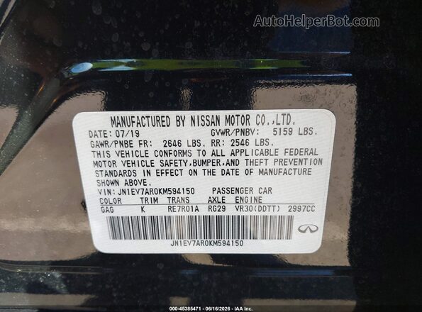 JN1EV7AR0KM594150 2019 INFINITI Q50 Black Engine compartment view