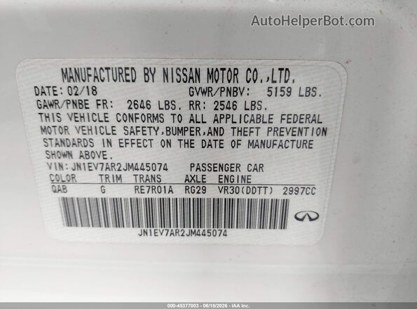 JN1EV7AR2JM445074 2018 INFINITI Q50 White Vista del compartimento del motor