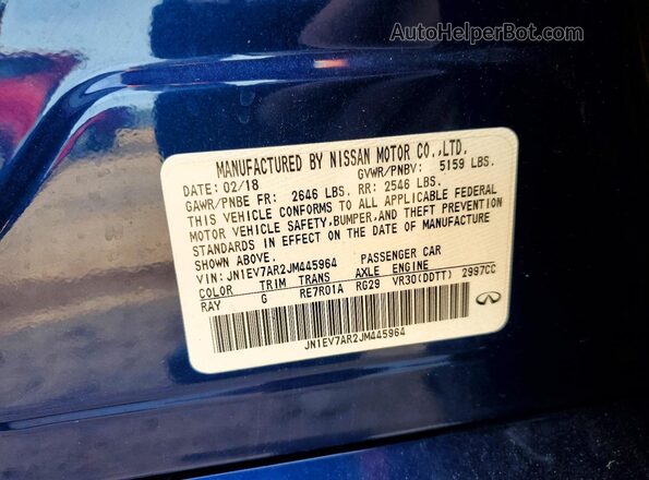 JN1EV7AR2JM445964 2018 INFINITI Q50 Blue Vista de la etiqueta del VIN