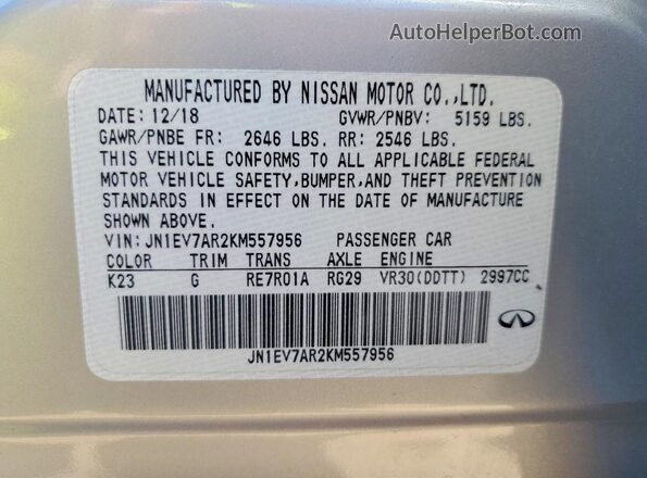 JN1EV7AR2KM557956 2019 INFINITI Q50 Silver Вид наклейки з VIN-кодом