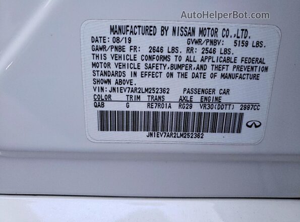 JN1EV7AR2LM252362 2020 INFINITI Q50 White Вид наклейки з VIN-кодом