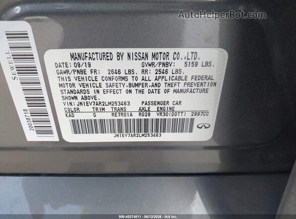 JN1EV7AR2LM253463 2020 INFINITI Q50 Gray Engine compartment view