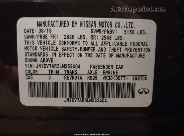 JN1EV7AR3LM252404 2020 INFINITI Q50 Brown Вид підкапотного простору