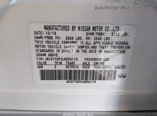 JN1EV7AR3LM254119 2020 INFINITI Q50 White Engine compartment view