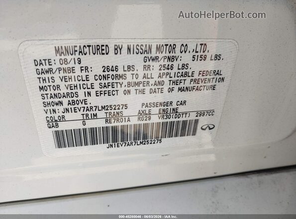 JN1EV7AR7LM252275 2020 INFINITI Q50 White ძრავის განყოფილების ხედი