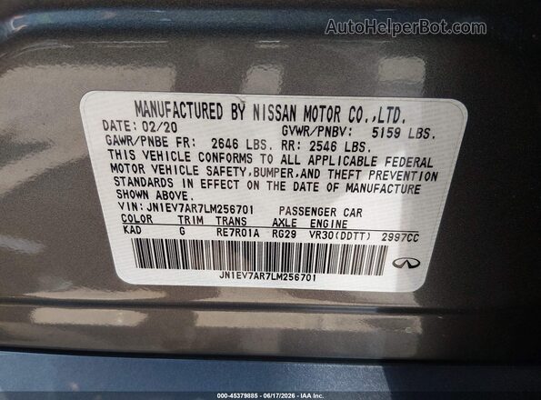 JN1EV7AR7LM256701 2020 INFINITI Q50 Gray Շարժիչի բաժամունքի տեսք