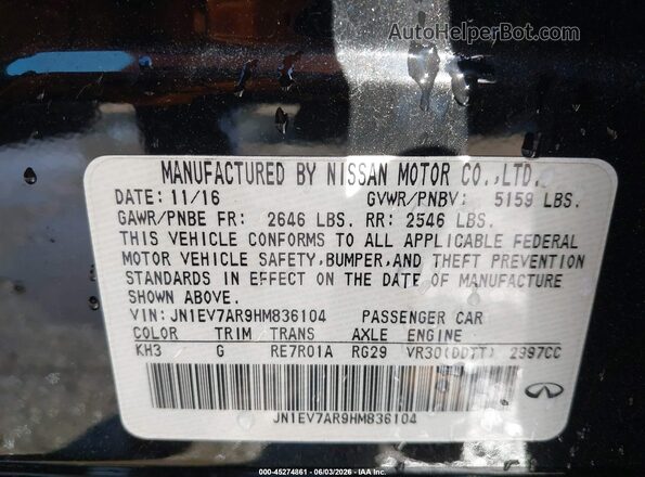 JN1EV7AR9HM836104 2017 INFINITI Q50 Черный Вид подкапотного пространства