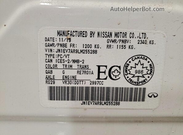 JN1EV7AR9LM255288 2020 INFINITI Q50 White Widok naklejki z numerem VIN