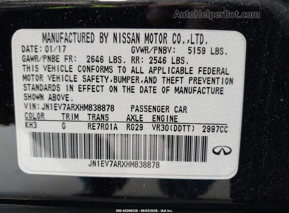 JN1EV7ARXHM838878 2017 INFINITI Q50 Черный 