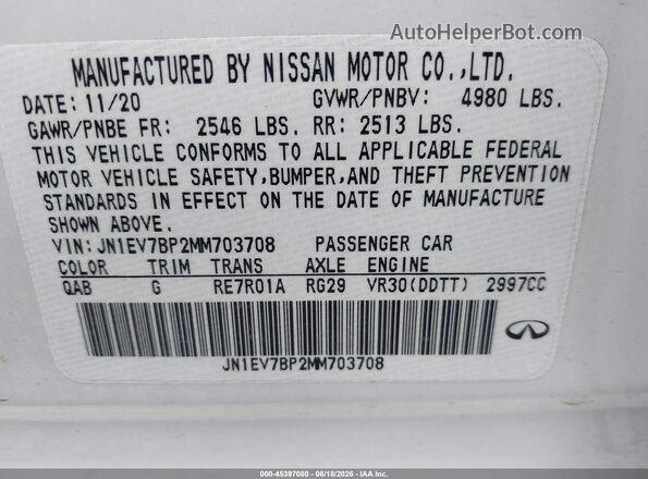 JN1EV7BP2MM703708 2021 INFINITI Q50 White Вид підкапотного простору