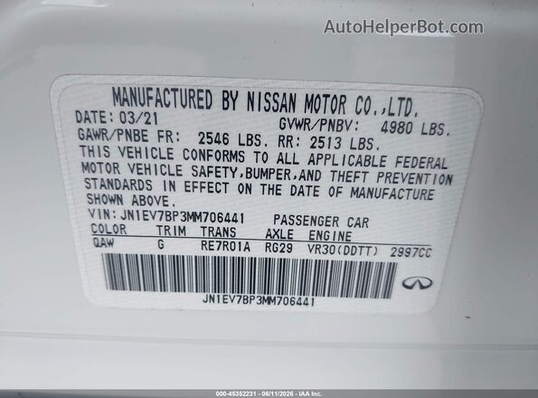 JN1EV7BP3MM706441 2021 INFINITI Q50 White Շարժիչի բաժամունքի տեսք