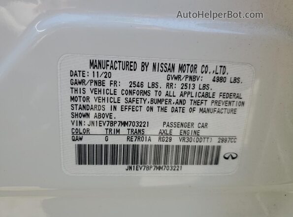 JN1EV7BP7MM703221 2021 INFINITI Q50 White Widok naklejki z numerem VIN