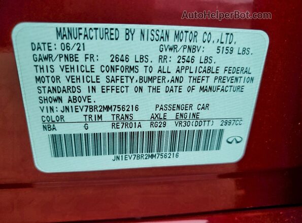 JN1EV7BR2MM756216 2021 INFINITI Q50 Red Vista de la etiqueta del VIN