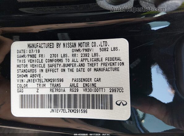 JN1EV7EL7KM291596 2019 INFINITI Q60 Black Շարժիչի բաժամունքի տեսք