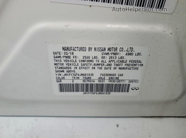 JN1FV7AP4JM461635 2018 INFINITI Q50 White Вид наклейки з VIN-кодом