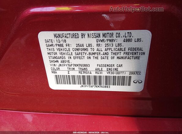 JN1FV7AP7KM760893 2019 INFINITI Q50 Red Շարժիչի բաժամունքի տեսք
