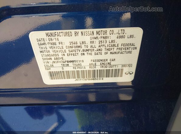 JN1FV7AP8HM850319 2017 INFINITI Q50 Blue Vista del compartimento del motor