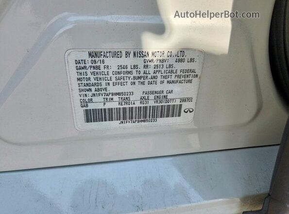 JN1FV7AP9HM850233 2017 INFINITI Q50 White VIN კოდის სტიკერის ხედი