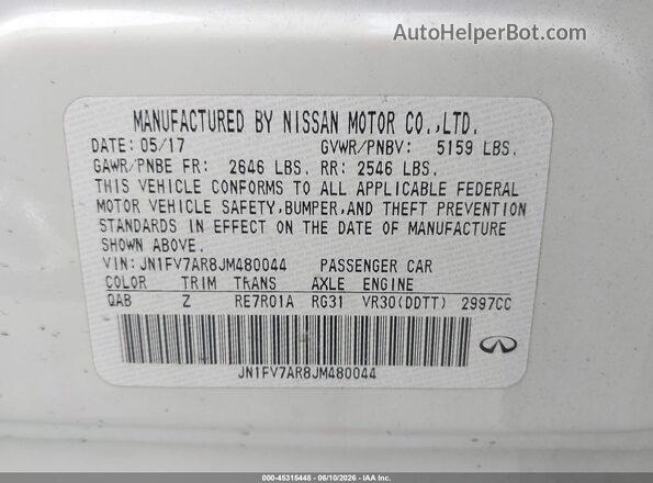 JN1FV7AR8JM480044 2018 INFINITI Q50 White Շարժիչի բաժամունքի տեսք