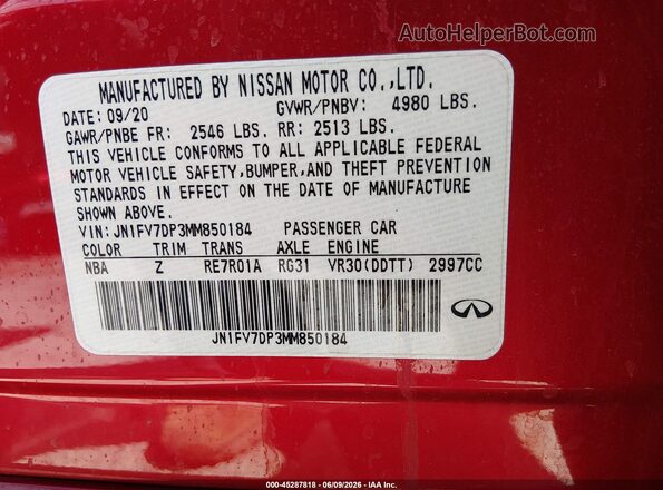 JN1FV7DP3MM850184 2021 INFINITI Q50 Красный Вид подкапотного пространства