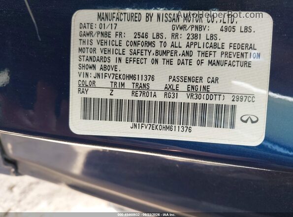 JN1FV7EK0HM611376 2017 INFINITI Q60 Blue Շարժիչի բաժամունքի տեսք