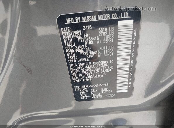 JN8AE2KP0G9155783 2016 NISSAN QUEST Gray Շարժիչի բաժամունքի տեսք