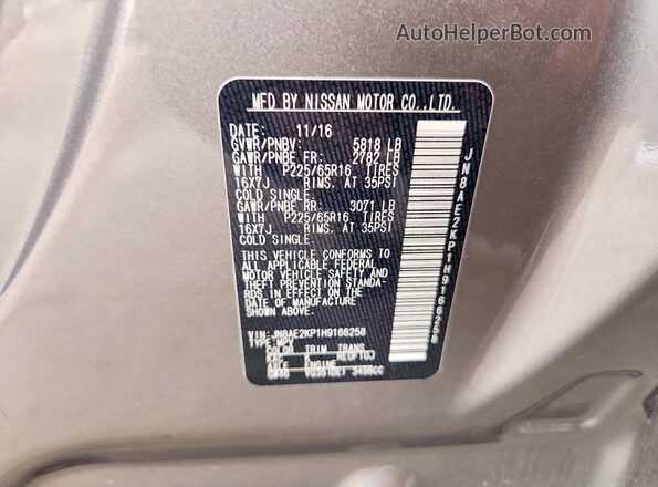 JN8AE2KP1H9166258 2017 NISSAN QUEST Gray 