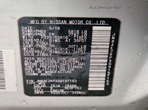 JN8AE2KPXG9157153 2016 NISSAN QUEST Silver VIN კოდის სტიკერის ხედი