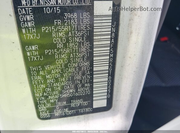 JN8AF5MR5GT602270 2016 NISSAN JUKE White Շարժիչի բաժամունքի տեսք
