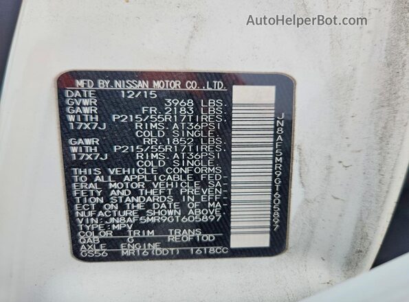 JN8AF5MR9GT605897 2016 NISSAN JUKE White Вид наклейки з VIN-кодом