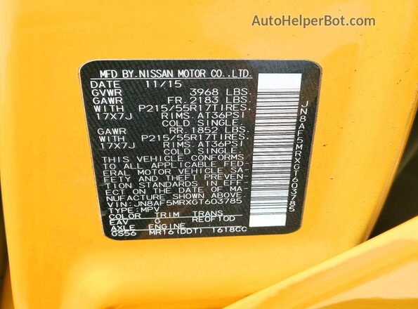 JN8AF5MRXGT603785 2016 NISSAN JUKE Yellow Widok wnętrza 360 stopni