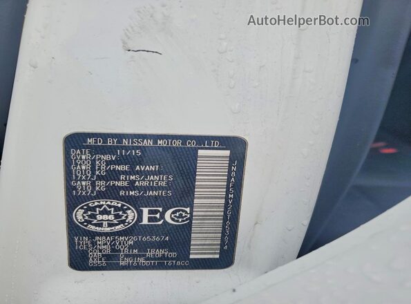 JN8AF5MV2GT653674 2016 NISSAN JUKE White Widok naklejki z numerem VIN