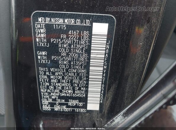 JN8AF5MV4GT654504 2016 NISSAN JUKE Black Շարժիչի բաժամունքի տեսք