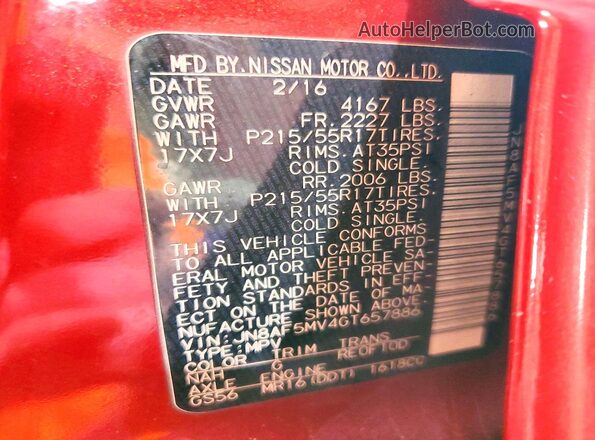 JN8AF5MV4GT657886 2016 NISSAN JUKE Red VIN կոդի պիտակի տեսք