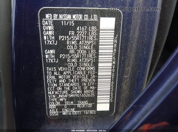 JN8AF5MV9GT652635 2016 NISSAN JUKE Blue Vista del compartimento del motor