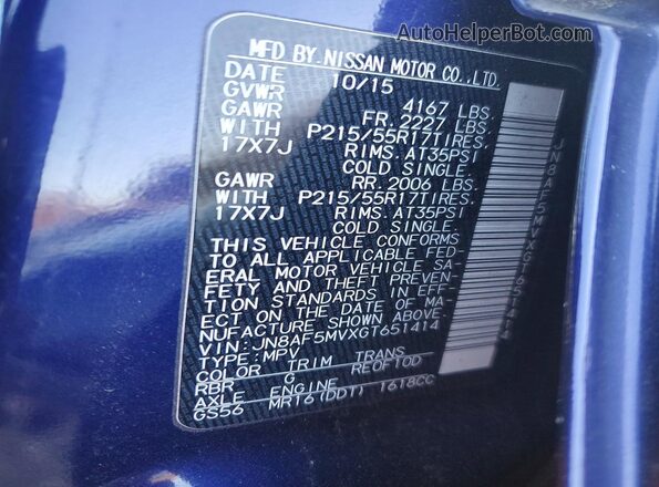 JN8AF5MVXGT651414 2016 NISSAN JUKE Blue VIN sticker view