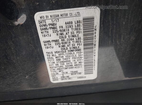 JN8AT2MT0HW142311 2017 NISSAN ROGUE Black Engine compartment view