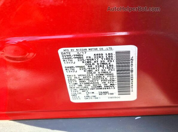 JN8AT2MT0HW394513 2017 NISSAN ROGUE Red Вид наклейки з VIN-кодом