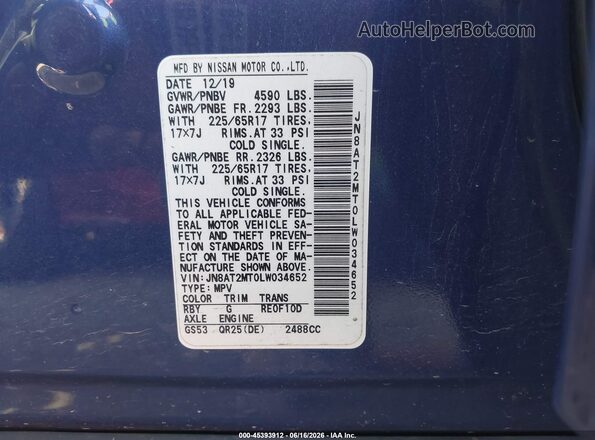 JN8AT2MT0LW034652 2020 NISSAN ROGUE Синий Вид подкапотного пространства