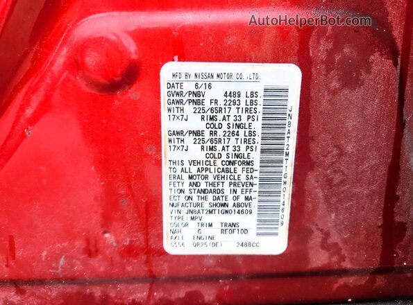 JN8AT2MT1GW014609 2016 NISSAN ROGUE Red VIN sticker view